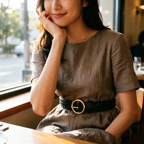 Women's Casual Woven PU Leather Belt Fashion Metal Round Buckle Versatile Dress Jeans Waist Band