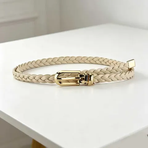 Womens Braided Thin Belt Versatile Dress Casual PU Leather Waist Band With Gold Metal Pin Buckle Fashion Accessory
