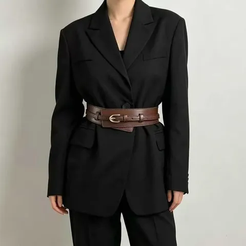 French Vintage Wide Decorative Belt Women Double Circle Design PU Leather Waist Belt Fashion Casual Waistband Dress Coat