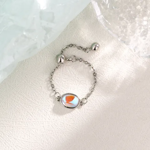 Minimalist Copper Moonstone Adjustable Chain Ring For Women White Gold Plated Oval Colorful Crystal Ins Style Creative Fashion Jewelry