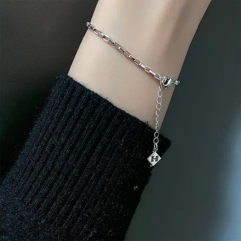 Minimalist Copper Box Chain Bracelet With H Letter Cross Pendant Vintage Silver Adjustable Bangle For Women Korean Fashion Jewelry