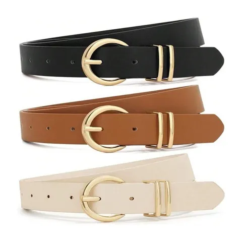 Women Casual PU Leather Belt Fashion Metal Round Pin Buckle Double O-Ring Waistband For Jeans Daily Commute