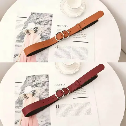 Women Fashion PU Leather Belt Double O-Ring Metal Buckle Versatile Casual Waistband For Jeans Dresses Accessories