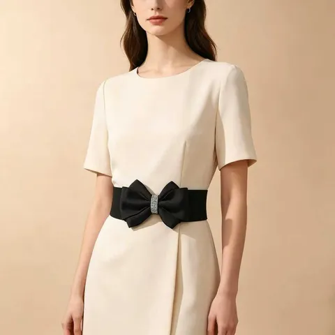 Women Wide Elastic Waist Belt Rhinestone Bowknot Stretch Waistband Dress Decorative Fashion Accessories Black White