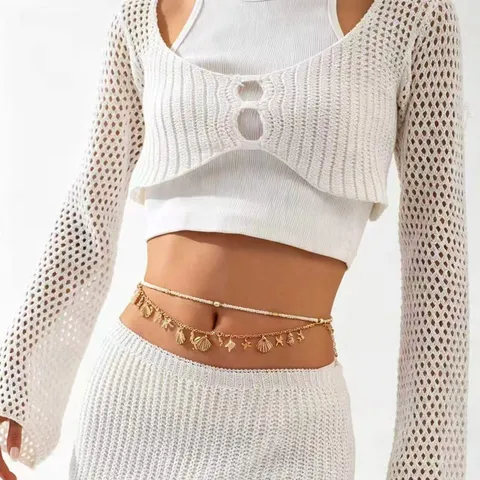 Bohemian Beach Starfish Shell Waist Chain Fashion Imitation Pearl Conch Body Chain Multi-Layer Metal Jewelry For Women