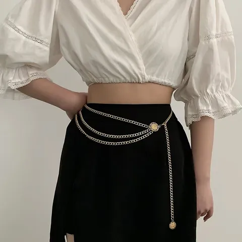 Cadena de Cuerpo de Aleación de Capas Vintage para Mujer Colgante de Moneda con Cabeza de Reina Dorada Joyería