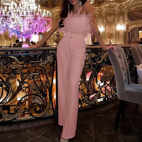 Damen Sexy Trägerloser Jumpsuit Mit Federbesatz Eleganter Weites Bein Abendparty Jumpsuit Mit Gürtel Formelles Polyester Top And Bottom