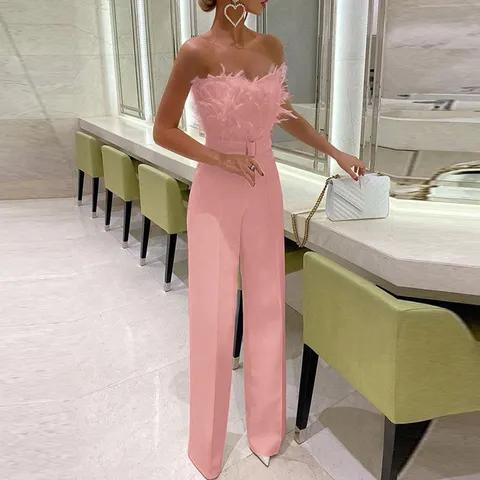 Damen Sexy Trägerloser Jumpsuit Mit Federbesatz Eleganter Weites Bein Abendparty Jumpsuit Mit Gürtel Formelles Polyester Top And Bottom