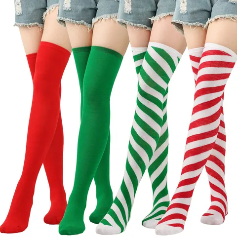 Damen Weihnachten Gestreifte Kniestrümpfe Polyester Weich Dehnbar Oberschenkelhohe Strümpfe Festliche Party Kostüm Zubehör