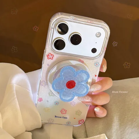 Magnetic Glitter Floral Phone Case For iPhone With 3D Blue Flower Stand Shockproof Painted Clear TPU Protective Cover