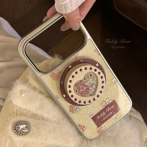 Magnetic Phone Case With Kickstand Gilded Teddy Bear Pattern PC Hard Shell Protective Cover For iPhone 17 16 15 14 13 Pro Max Huawei