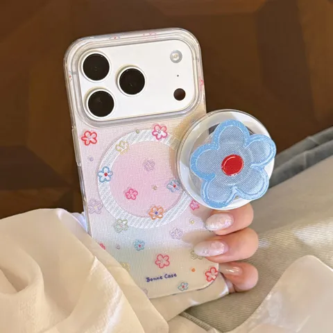 Magnetic Glitter Floral Phone Case For iPhone With 3D Blue Flower Stand Shockproof Painted Clear TPU Protective Cover