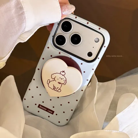 Coque Magnétique iPhone 17 16 15 Pro Max Bleu Laiteux Pois Chien Avec Support Coeur Coque Rigide Mate