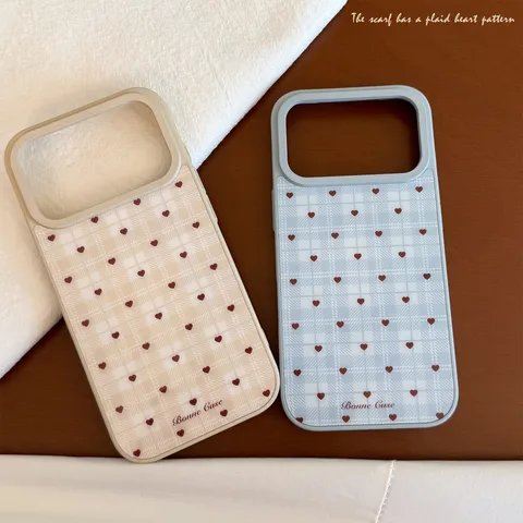 Coque de Téléphone Coréenne Plaid Cœur Pour iPhone 17 16 15 Pro Max Samsung S25 Huawei Mate 70 PC Rigide Protectrice Arrière