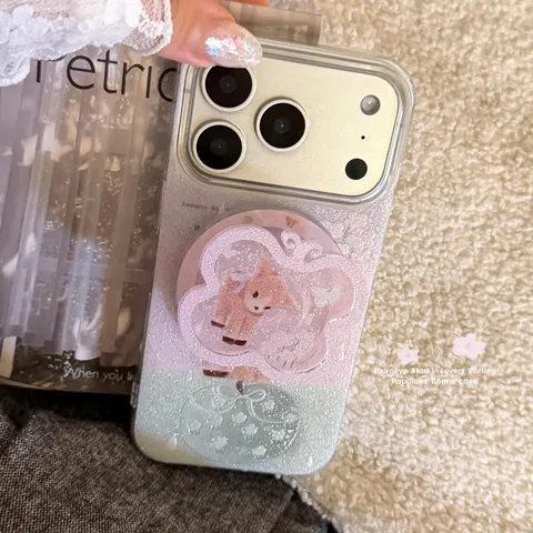 Magnetic Glitter Fawn Phone Case For iPhone 16 15 14 Pro Max Cute Butterfly Stand Gradient Painted Shockproof Protective Cover