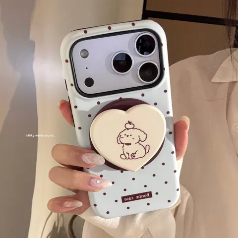 Coque Magnétique iPhone 17 16 15 Pro Max Bleu Laiteux Pois Chien Avec Support Coeur Coque Rigide Mate