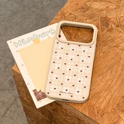 Coque de Téléphone Coréenne Plaid Cœur Pour iPhone 17 16 15 Pro Max Samsung S25 Huawei Mate 70 PC Rigide Protectrice Arrière
