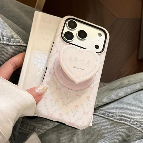 Französischer Vintage Matte Kunststoff Bedruckt Rosa Blumenmuster Schleife Hart Handyhülle Mit Herz Griptok Halterung Anti Sturz Schutzhülle Kompatibel Mit iPhone