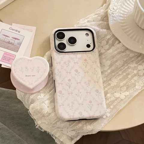 Französischer Vintage Matte Kunststoff Bedruckt Rosa Blumenmuster Schleife Hart Handyhülle Mit Herz Griptok Halterung Anti Sturz Schutzhülle Kompatibel Mit iPhone