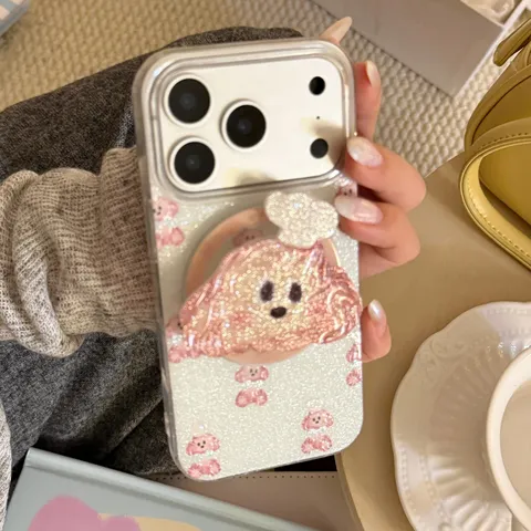 Magnetic Glitter Phone Case For iPhone 18 17 16 15 Pro Max Cartoon Cookie Puppy 3D Stand TPU Anti-Drop Protective Cover