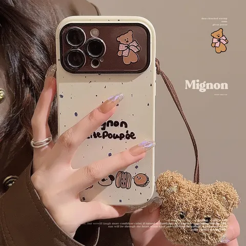 Cute Cartoon Bear Ink Splash TPU Phone Case With Lanyard Plush Pendant Protective Shell For IPhone Series