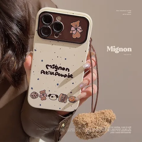 Cute Cartoon Bear Ink Splash TPU Phone Case With Lanyard Plush Pendant Protective Shell For IPhone Series