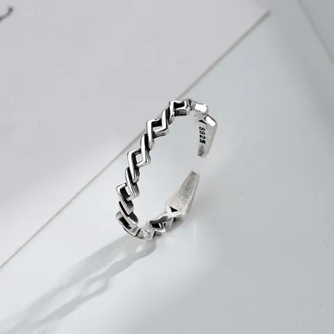 Retro Thai Silver Style Copper Adjustable Open Ring For Women Geometric Hollow Rhombus Heart Pattern Finger Ring Fashion Jewelry Accessory