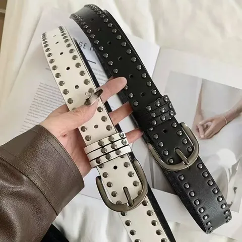 Women American Retro Rivet Thin Belt For Dresses PU Leather Waist Belt With Alloy Needle Buckle Punk Y2K Fashion Accessory