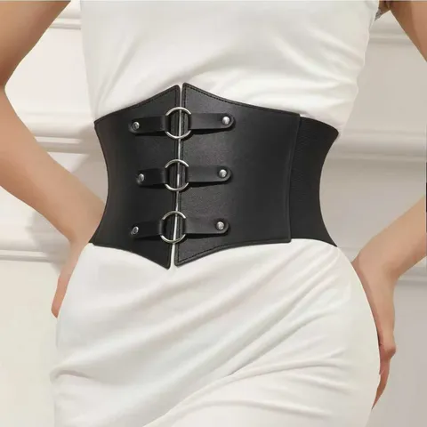 Vintage PU Leather Corset Belt For Women Retro Three Row Metal Ring Buckle Elastic Wide Waistband Waist Cinch Body Shaper Dress Coat Accessories