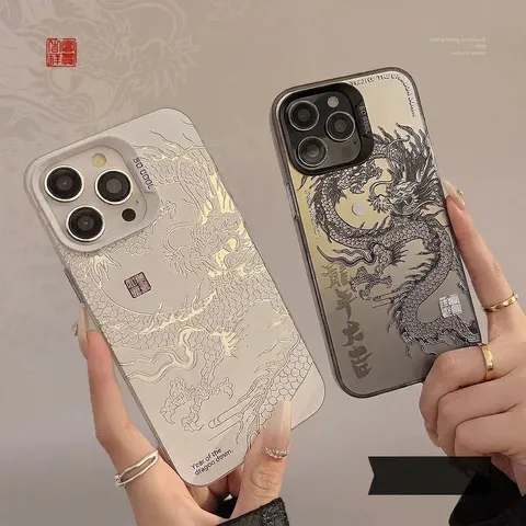 Guochao Chinese Dragon Laser Mirror PC Phone Case For IPhone 12 13 14 15 16 Pro Max Plus Anti-drop Individual Hard Shell