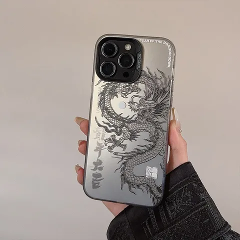 Guochao Chinese Dragon Laser Mirror PC Phone Case For IPhone 12 13 14 15 16 Pro Max Plus Anti-drop Individual Hard Shell