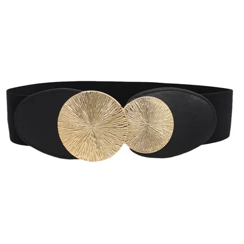 Women Faux Leather Elastic Waist Belt Wide Stretch Waistband With Double Metal Disc Buckle European Style Fashion Accessory