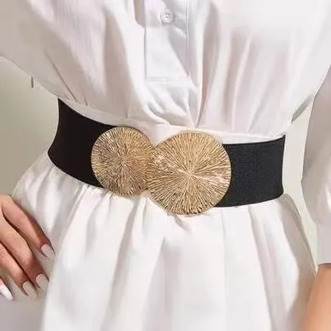 Women Faux Leather Elastic Waist Belt Wide Stretch Waistband With Double Metal Disc Buckle European Style Fashion Accessory