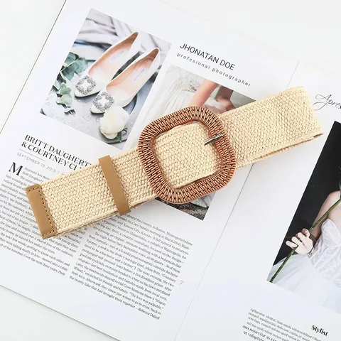 Women Fashion PP Straw Woven Belt Ladies Elastic Wide Waist Band With Retro Square Wooden Buckle Dress Jeans Accessories
