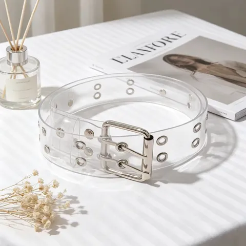 Transparent Clear Belt With Double Prong Buckle And Metal Grommets Unisex Casual Fashion Waist Belt For Jeans