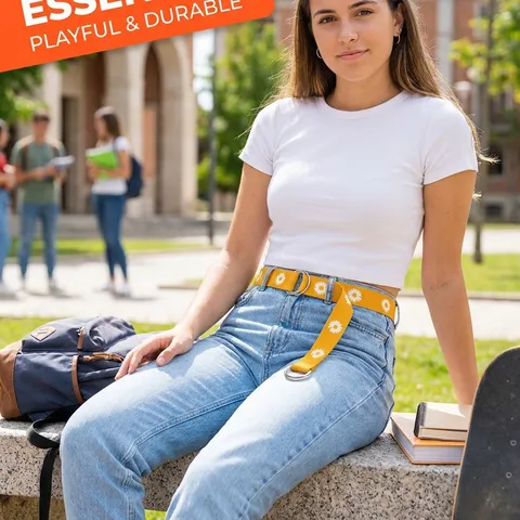 Women Canvas Belt Daisy Embroidery Double D Ring Buckle Casual Trendy Waist Belt For Jeans Fashion Accessories