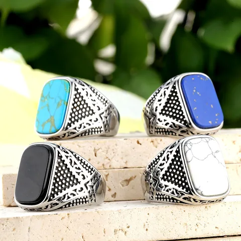 Vintage Stainless Steel Signet Ring For Men Geometric Square Faux Turquoise Lapis Black Onyx Inlaid Punk Ethnic Biker Jewelry
