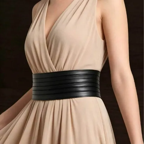 French Pleated Wide Belt For Women Elegant PU Leather Waist Cincher With Snap Button For Slimming Silhouette On Dresses