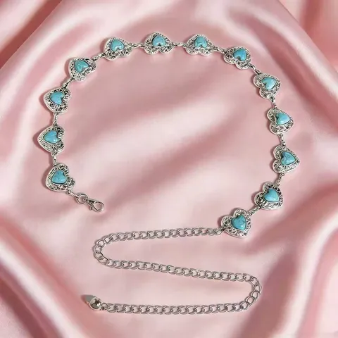 Vintage Ethnic Metal Waist Chain Adjustable Heart Faux Turquoise Belt For Women Boho Exotic Heavy Duty Jewelry Body Chain Accessory