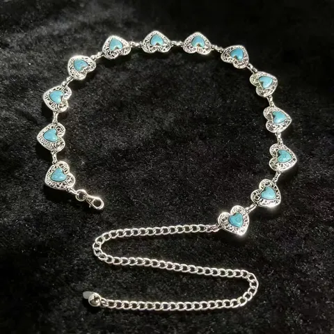 Vintage Ethnic Metal Waist Chain Adjustable Heart Faux Turquoise Belt For Women Boho Exotic Heavy Duty Jewelry Body Chain Accessory