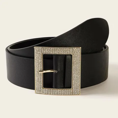Womens Wide Waist Belt Fashion Rhinestone Square Buckle PU Leather Dress Coat Decorative Elastic Waistband