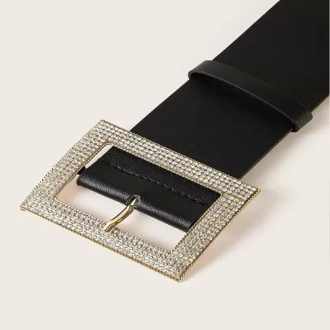 Womens Wide Waist Belt Fashion Rhinestone Square Buckle PU Leather Dress Coat Decorative Elastic Waistband