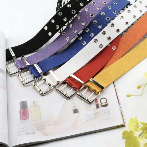 Fashion Double Row Grommet Canvas Belt Punk Street Style Durable Polyester Waistband With Stainless Steel Pin Buckle For Jeans