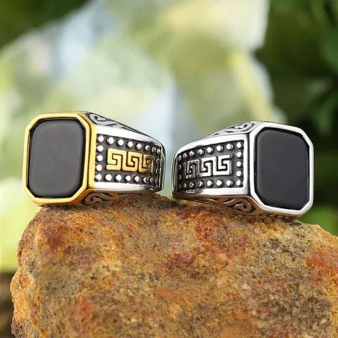 Men's Vintage 316L Stainless Steel Signet Ring With Rectangular Black Synthetic Onyx Greek Key Meander Pattern Gold Silver Jewelry