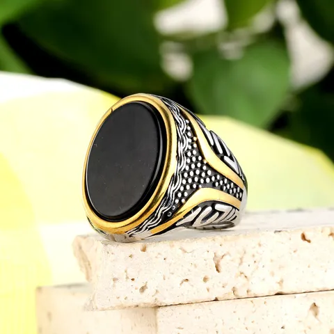 Retro Stainless Steel Rune Ring For Men Vintage Gold Two-Tone Tiger Eye Stone Signet Ring Geometric Agate Ring Punk Gothic Fashion Jewelry