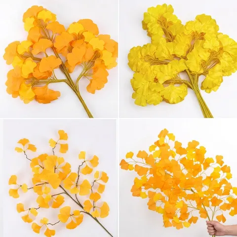 Artificial Ginkgo Leaves Branches For Home Decor Fake Fall Leaves Plastic Silk Fabric Autumn Yellow Green Faux Ginkgo Biloba Branch Wedding Photography Props