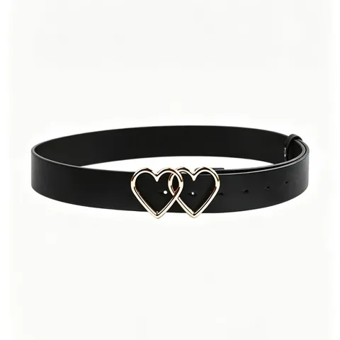 Women's PU Leather Belt With Double Heart Metal Buckle Fashion Versatile Decorative Jeans Belt Accessories