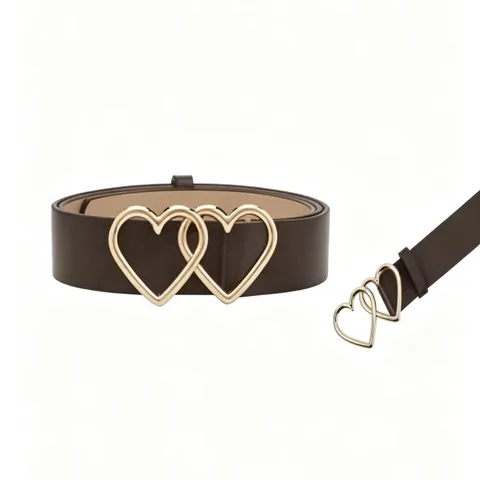 Women's PU Leather Belt With Double Heart Metal Buckle Fashion Versatile Decorative Jeans Belt Accessories