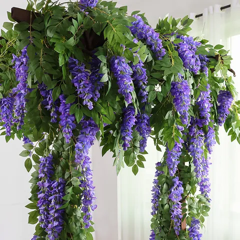 Artificial Wisteria Flowers Hanging Vine Silk Garland Double Petal Flower Strings For Wedding Home Ceiling Pipe Decoration