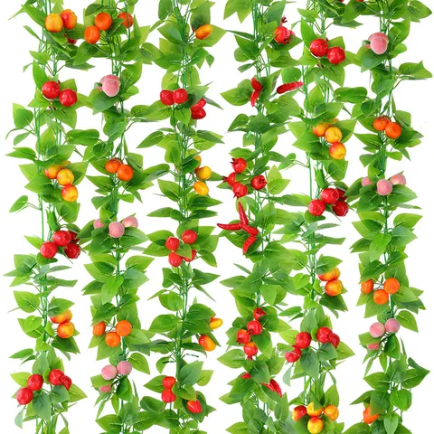 Artificial Fruit Vine Hanging Garland Realistic Green Leaves Silk Foam Peach Chili Orange Home Garden Ceiling Decoration